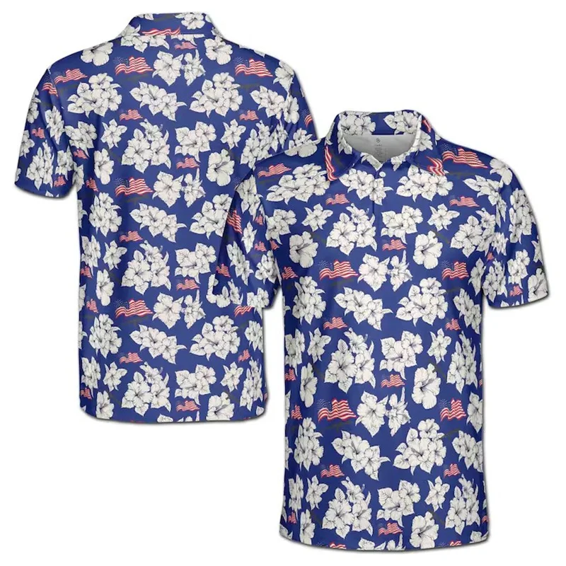 Full Print Flowers Graphic Polo Shirts For Men's Romantic Street Short Sleeve Lapel Button Golf Shirts Summer Popular Flamingo