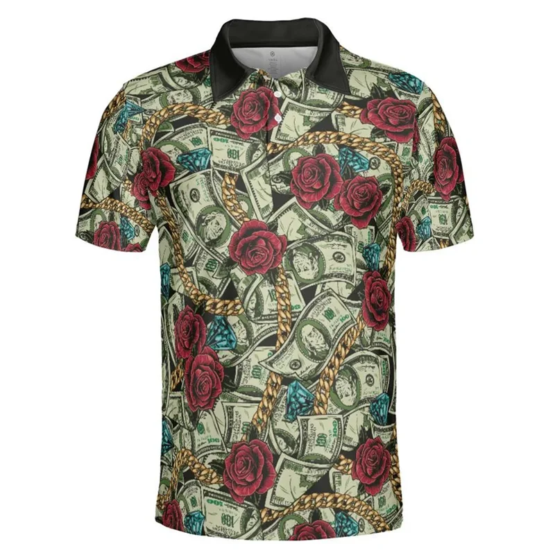 Vintage Streetwear Polo Shirts For Men Clothing 3D Print Dollar Skull Hip Hop Street Lapel Golf Shirts Summer Outdoor Green Top
