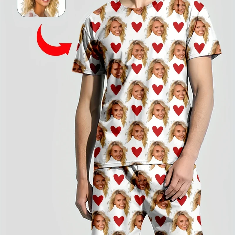 Men's or Women's Facial Printed T-Shirt Shorts Set Personal Photo Customized Comfortable Loose Home Set Valentine's Day Gift