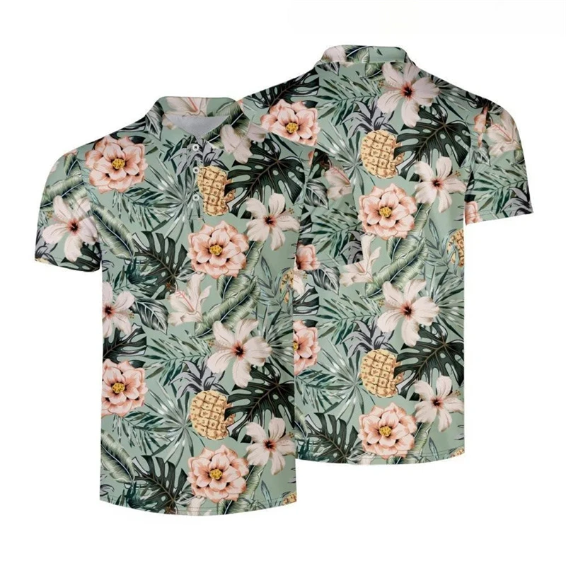 Plant Tree Leaf 3d Printed Polo Shirt For Men Unique Flower Print Short Sleeves T-shirt Outdoor Camping Lapel Button Tees Top
